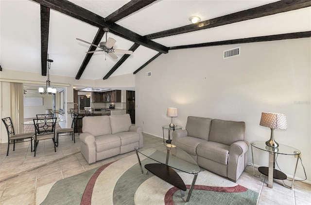 tiled living room featuring lofted ceiling with beams and ceiling fan