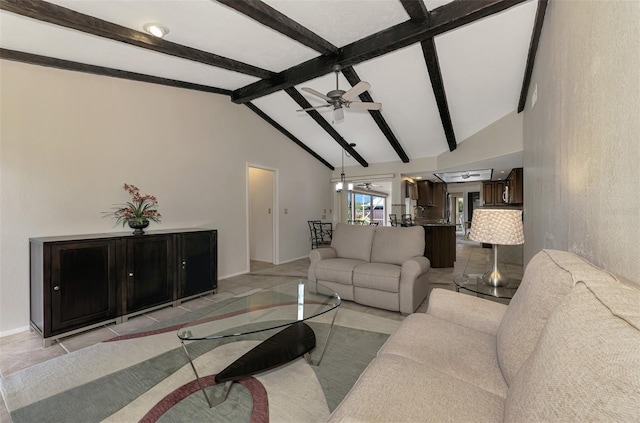 tiled living room with beam ceiling, ceiling fan, and high vaulted ceiling