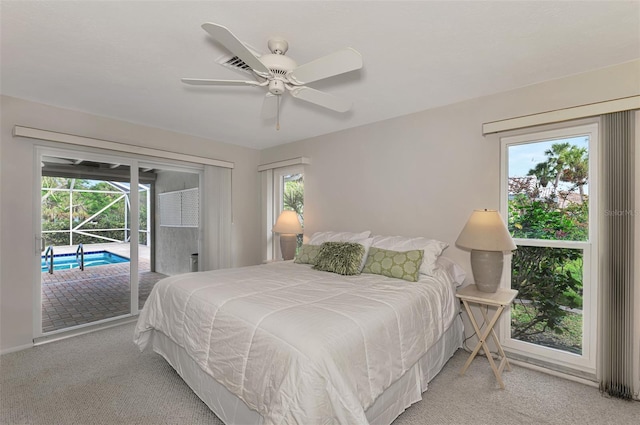 bedroom with access to outside, ceiling fan, and light colored carpet