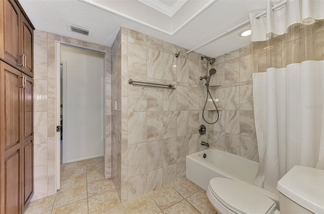 bathroom with crown molding, tile walls, tile patterned flooring, toilet, and shower / bath combo with shower curtain