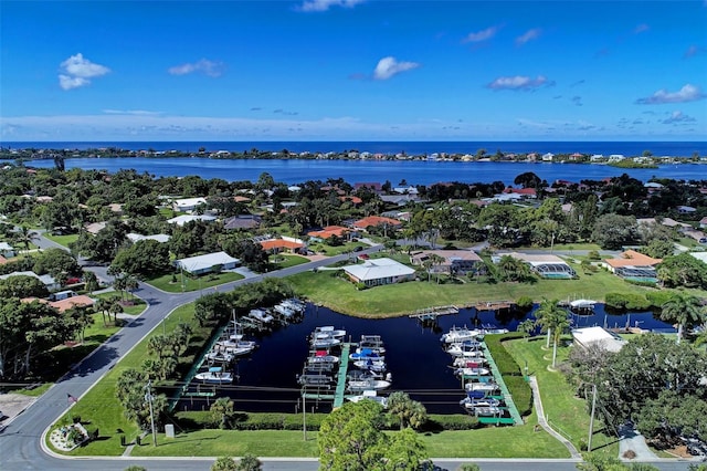 bird's eye view with a water view