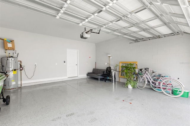 garage featuring a garage door opener and water heater