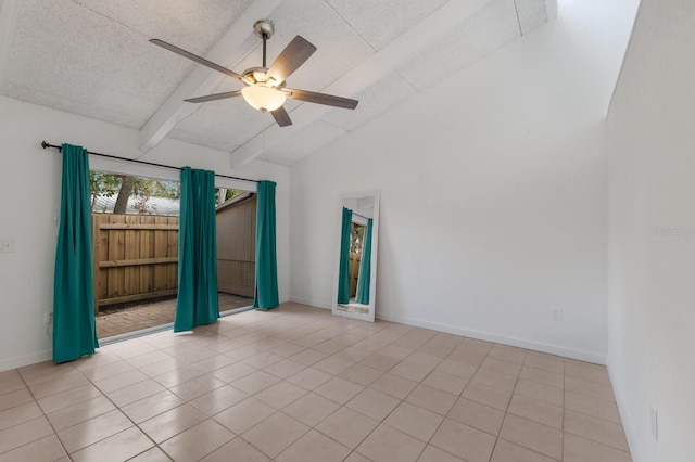 unfurnished room with light tile patterned floors, lofted ceiling with beams, and ceiling fan