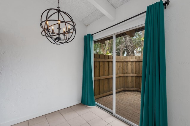 unfurnished dining area featuring beamed ceiling, a notable chandelier, and light tile patterned flooring