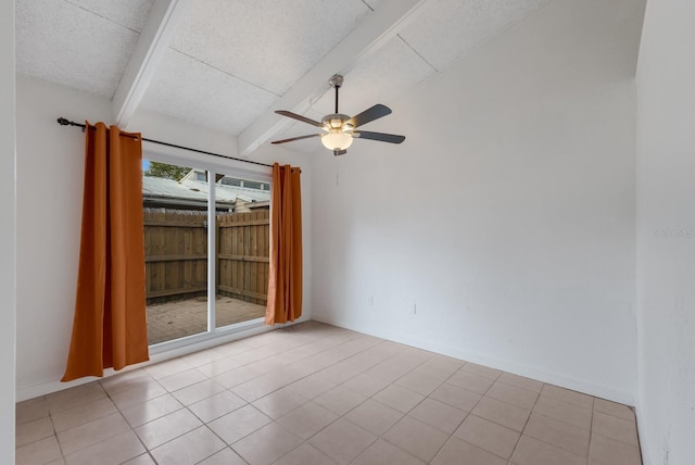 unfurnished room with beam ceiling, ceiling fan, and light tile patterned flooring