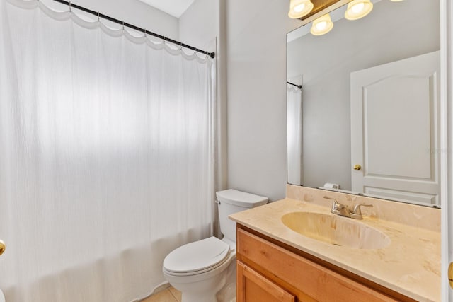 full bathroom with tile patterned floors, vanity, toilet, and shower / tub combo with curtain