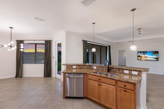 13627 American Prairie Pl, Lakewood Ranch, FL 34211 - kitchen with stainless steel dishwasher, a sink, crown molding, light tile patterned floors, and baseboards