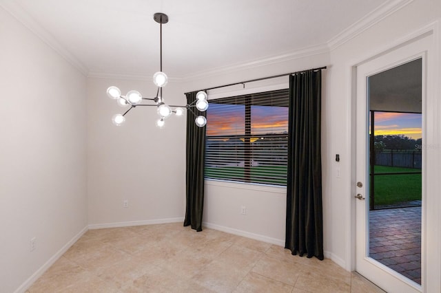 13627 American Prairie Pl, Lakewood Ranch, FL 34211 - spare room featuring ornamental molding, a chandelier, light tile patterned flooring, and baseboards