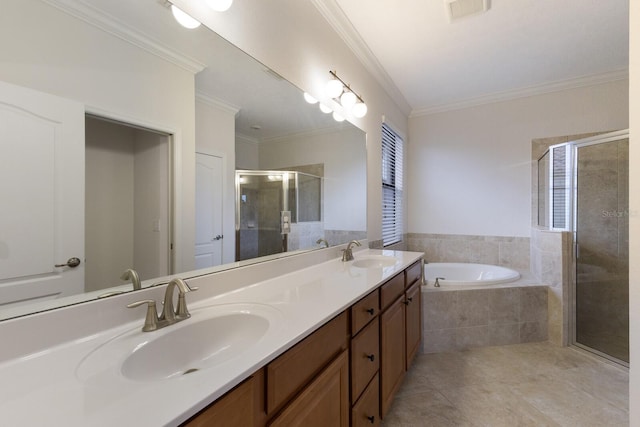 13627 American Prairie Pl, Lakewood Ranch, FL 34211 - full bath featuring a stall shower, a garden tub, double vanity, tile patterned floors, and crown molding