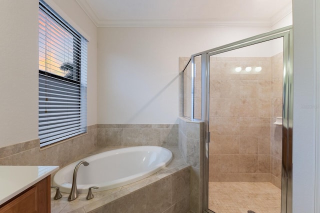 bathroom featuring vanity, independent shower and bath, and crown molding