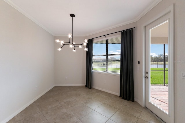 13627 American Prairie Pl, Lakewood Ranch, FL 34211 - spare room featuring a chandelier, crown molding, plenty of natural light, a water view, and light tile patterned flooring