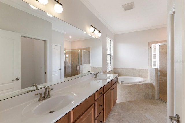 bathroom featuring separate shower and tub, tile patterned floors, vanity, and ornamental molding