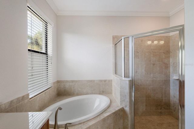 13627 American Prairie Pl, Lakewood Ranch, FL 34211 - full bathroom with a garden tub, a stall shower, and ornamental molding