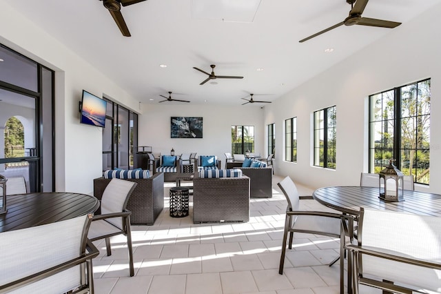 13627 American Prairie Pl, Lakewood Ranch, FL 34211 - dining area featuring a ceiling fan, recessed lighting, and light tile patterned floors