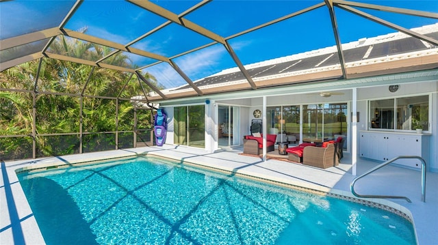 view of pool featuring an outdoor living space, ceiling fan, a lanai, and a patio