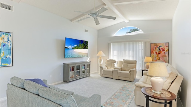 living room featuring beam ceiling, ceiling fan, high vaulted ceiling, and light colored carpet