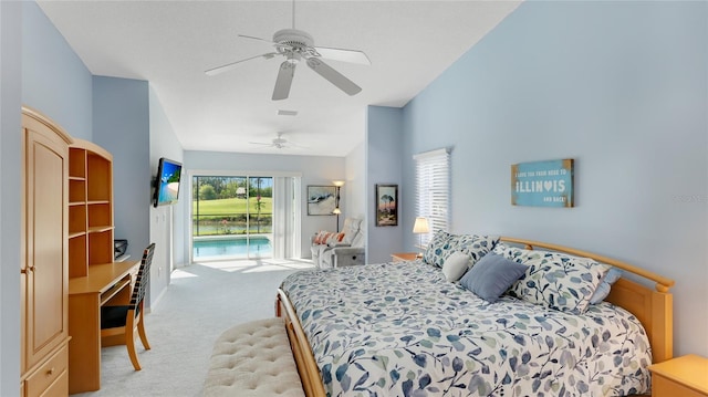 bedroom featuring access to outside, ceiling fan, and light colored carpet