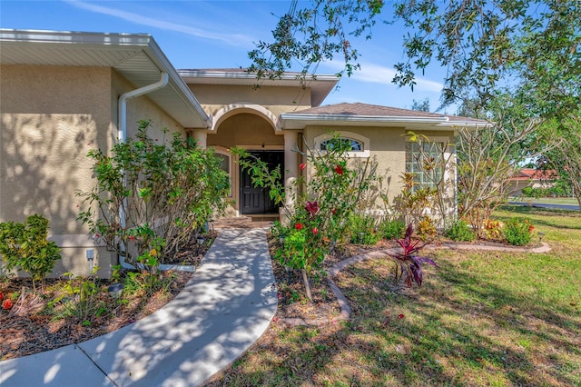 view of exterior entry with a yard