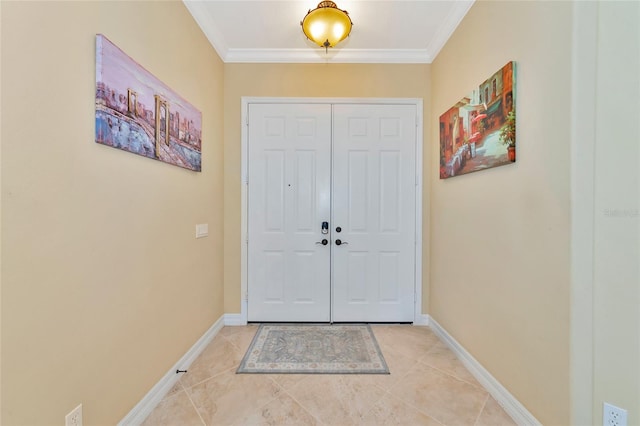 doorway featuring crown molding and light tile patterned flooring