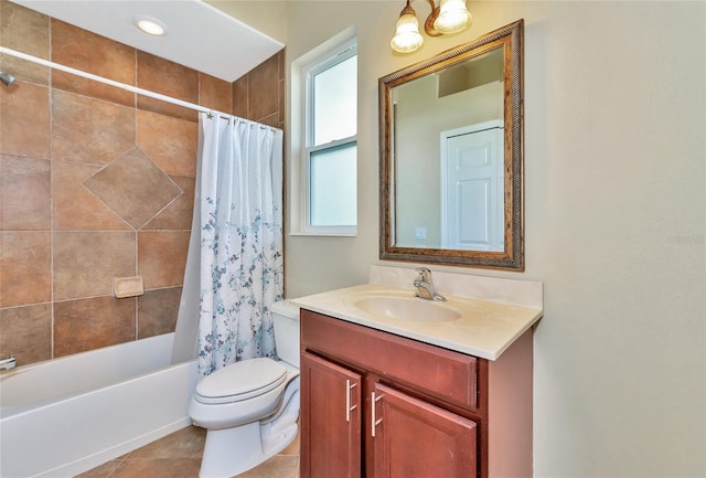 full bathroom with tile patterned flooring, vanity, shower / bath combination with curtain, and toilet