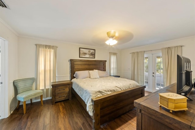 bedroom featuring french doors, ornamental molding, access to outside, ceiling fan, and dark hardwood / wood-style floors