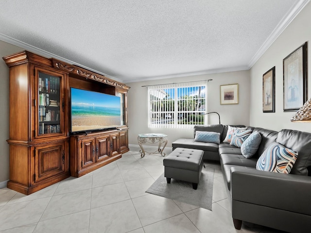 living room featuring light tile patterned flooring, a textured ceiling, and ornamental molding