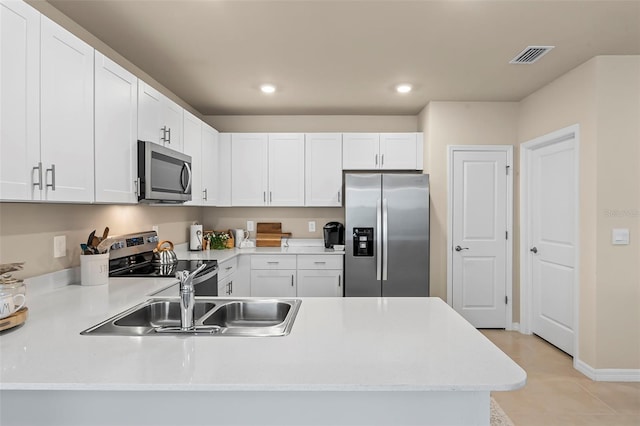 kitchen featuring white cabinetry, sink, stainless steel appliances, kitchen peninsula, and light tile patterned flooring