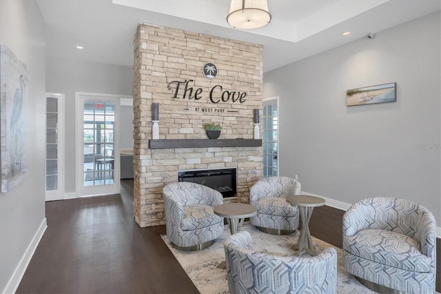 living room with a fireplace and wood-type flooring