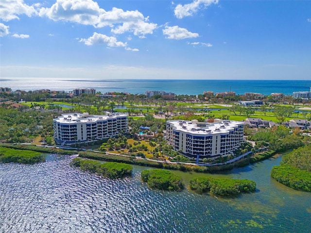 aerial view featuring a water view