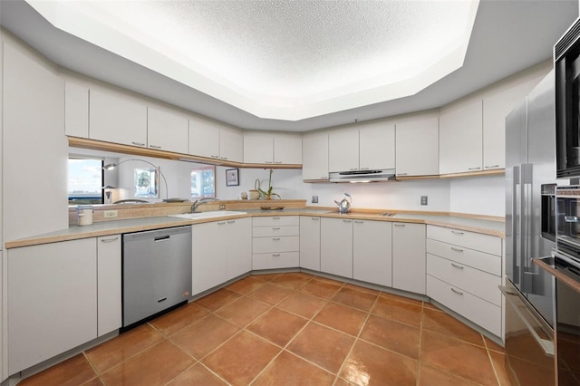 kitchen with a textured ceiling, a raised ceiling, sink, dishwasher, and white cabinetry