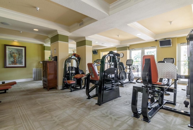 exercise room featuring light colored carpet and ornamental molding