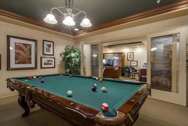 recreation room featuring billiards, carpet floors, and ornamental molding