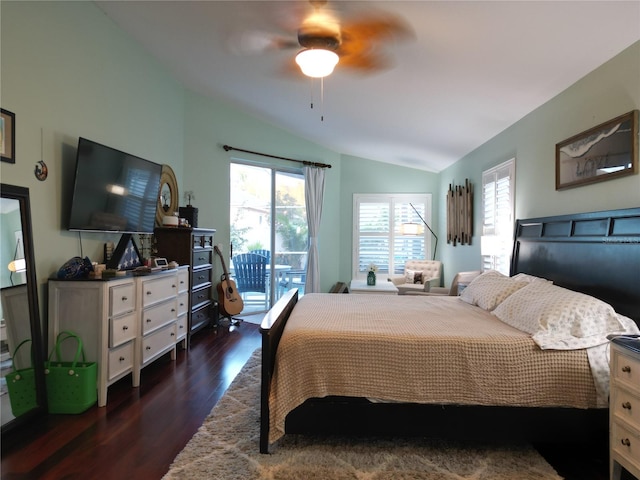 bedroom with dark hardwood / wood-style floors, ceiling fan, access to outside, and multiple windows