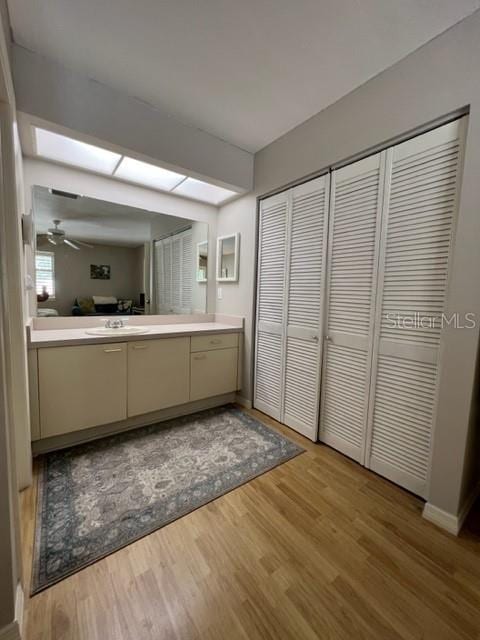 bathroom with vanity, wood-type flooring, and ceiling fan