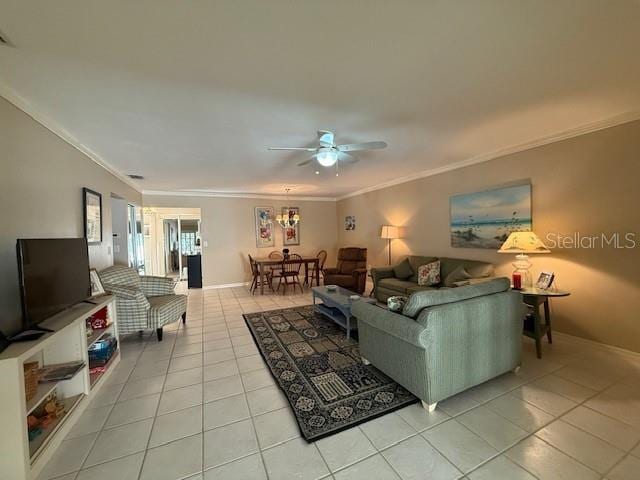 tiled living room featuring ornamental molding and ceiling fan