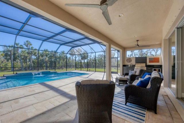 view of swimming pool with area for grilling, an outdoor living space, pool water feature, glass enclosure, and a patio area