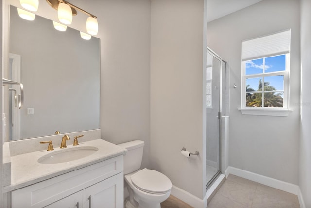 bathroom featuring tile patterned flooring, vanity, toilet, and a shower with shower door