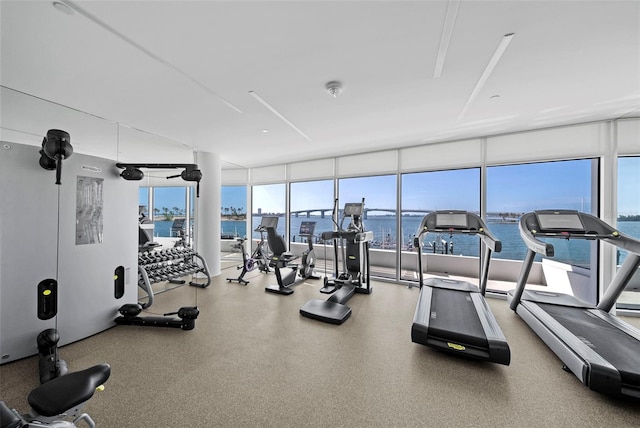 exercise room with floor to ceiling windows and a water view