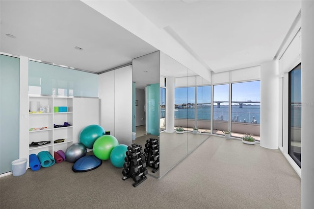 workout area featuring a water view