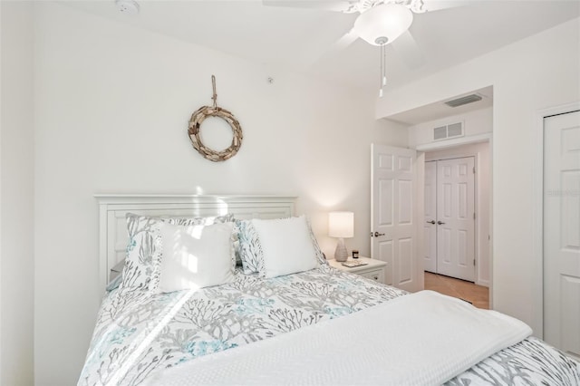 bedroom with ceiling fan and visible vents