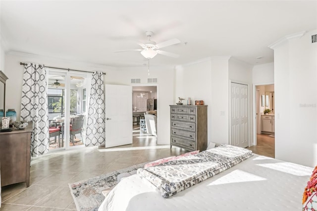 tiled bedroom with access to outside, visible vents, and crown molding