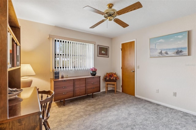 sitting room featuring ceiling fan and light carpet