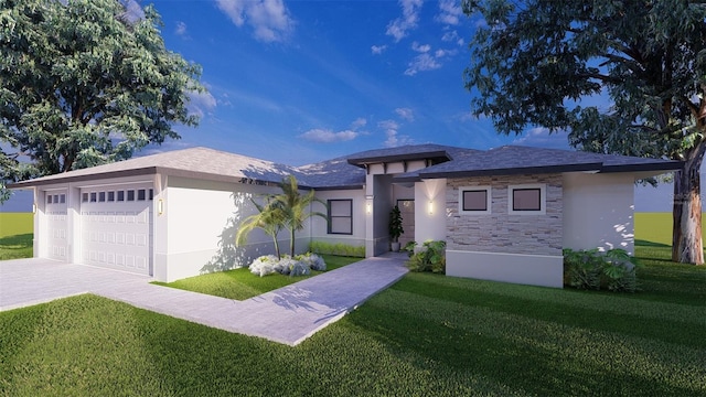 prairie-style home with a garage and a front lawn