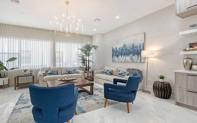 living room with a chandelier