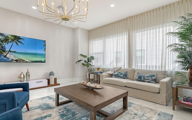 living room featuring an inviting chandelier