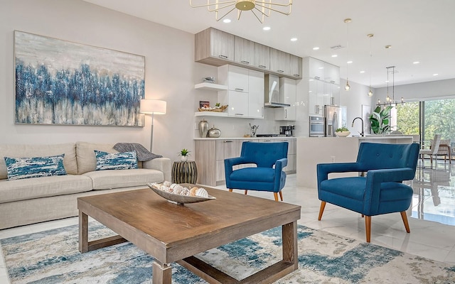 living room with a chandelier