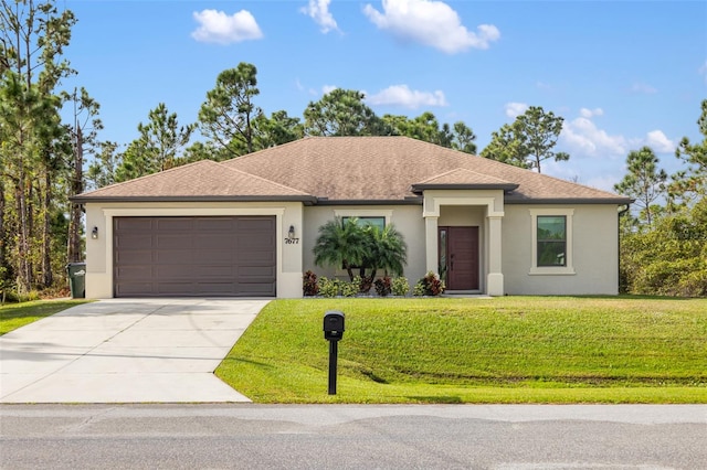 view of front facade with a front lawn and a garage