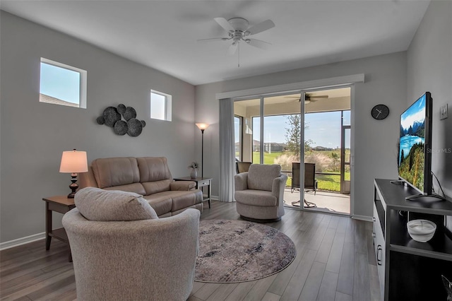 living room with ceiling fan and wood-type flooring