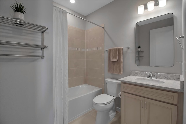 full bathroom featuring tile patterned floors, vanity, shower / bath combination with curtain, and toilet