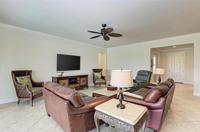 tiled living room featuring ceiling fan and crown molding